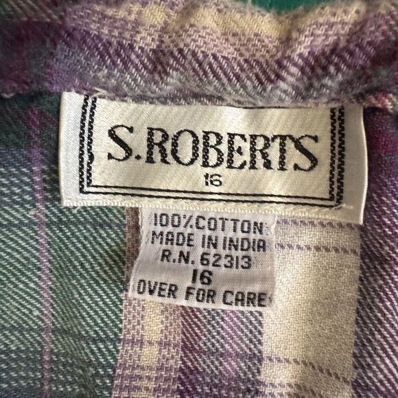 Vintage 90s Dress 16 Purple Green Plaid Flannel Contrast Collar Maxi S. Roberts - Picture 6 of 15